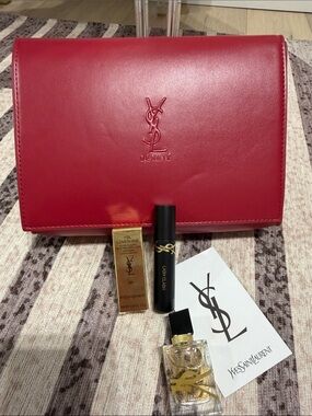 Yves Saint Laurent Red Leather Beauty Pouch with Branded Accessories